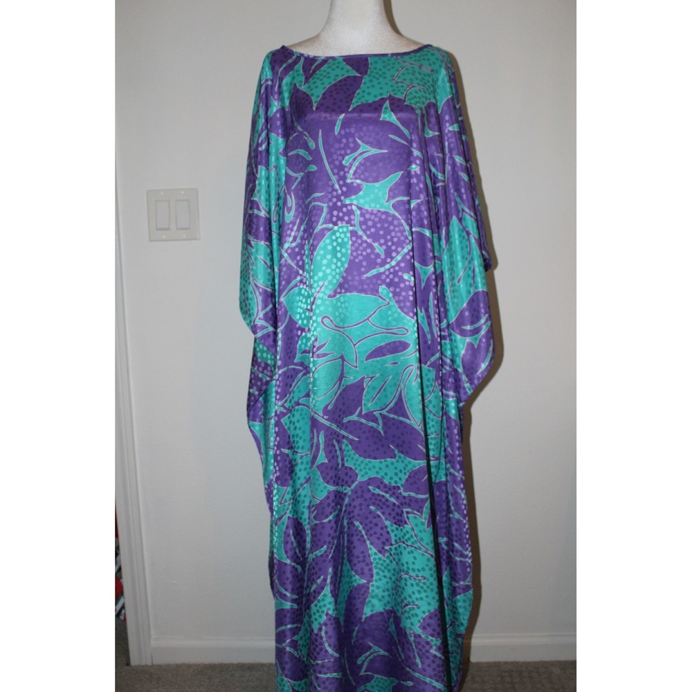 VTG Morgan Taylor Caftan Gown Purple Teal Tropical Satin Women's Mumu Coverup OS